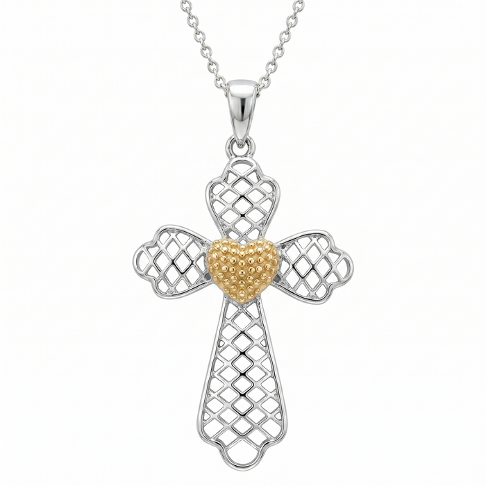 Clearance- Two Tone 925 Sterling Silver Heart Cross Pendant Necklace - STP00892