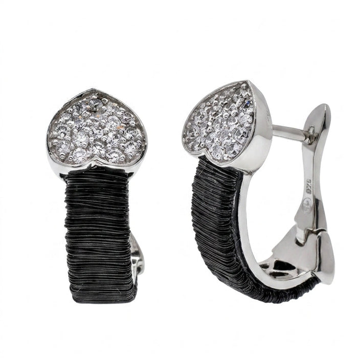 Clearance-925 Rhodium Plated Heart CZ Inlay Black Onyx Lever Back Earrings - BGE00133