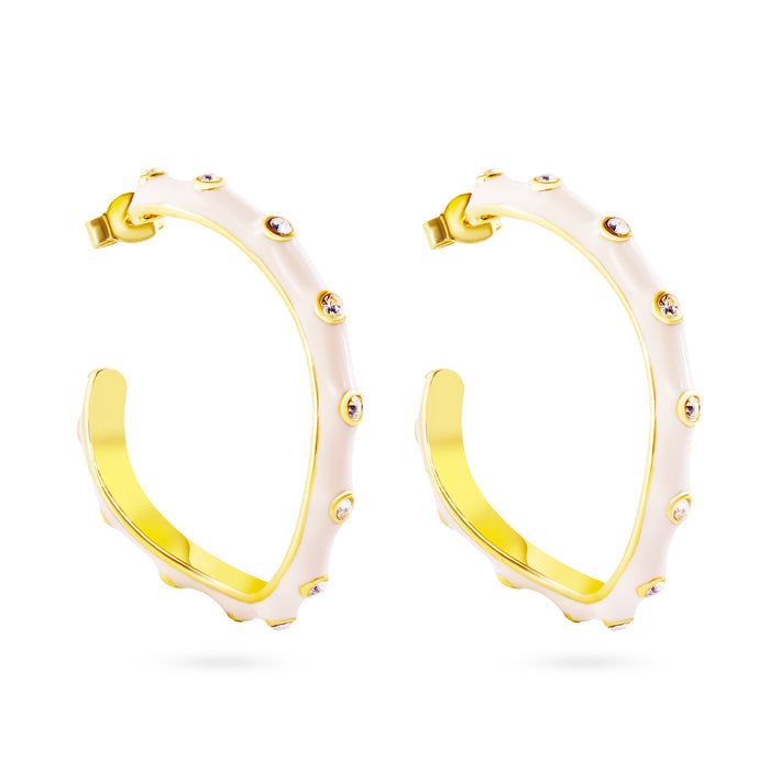 Clearance - Gold Plate 925 Sterling Silver White Enamel Clear CZ Hoop Earrings - STE00699