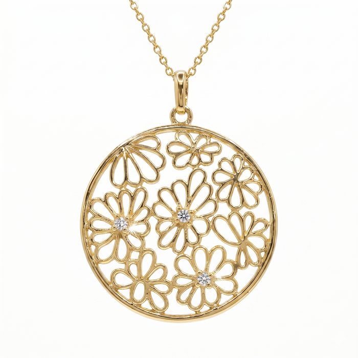 Clearance-Gold Plated 925 Steerling Silver CZ Multi Flower Circle Pendant Necklace - STP00951