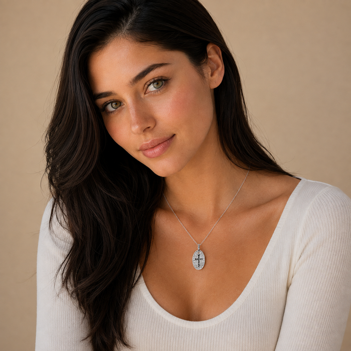 Clearance-Plated 925 Silver Textured Oval CZ Cross Pendant Necklace - STP00962 | STP00964
