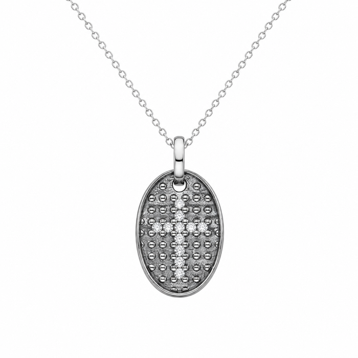 Clearance-Plated 925 Silver Textured Oval CZ Cross Pendant Necklace - STP00962 | STP00964