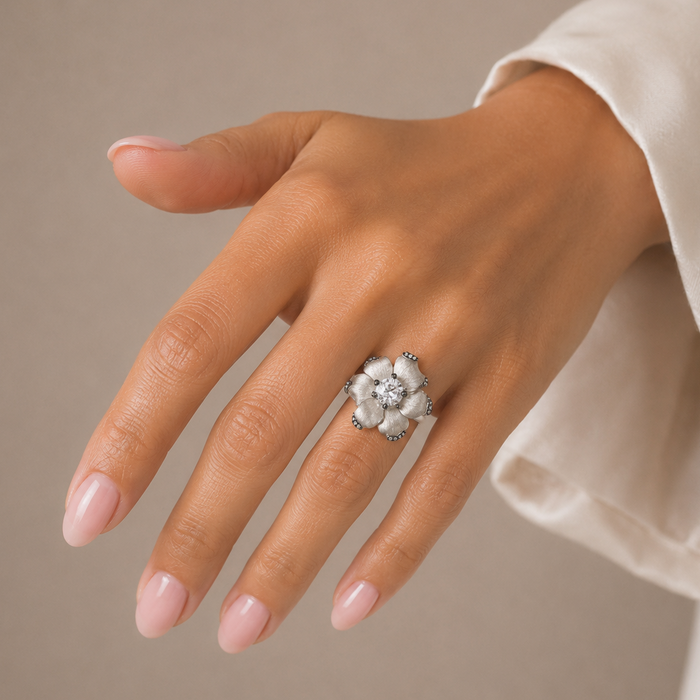 Clearance-Rhodium and Black Rhodium Plated 925 Silver CZ Flower Ring - STR00854
