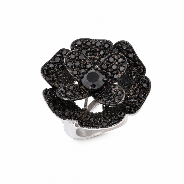 Clearance-Rhodium and Black Rhodium Plated Black or Clear CZ Pave Flower Ring - STR00521BLK