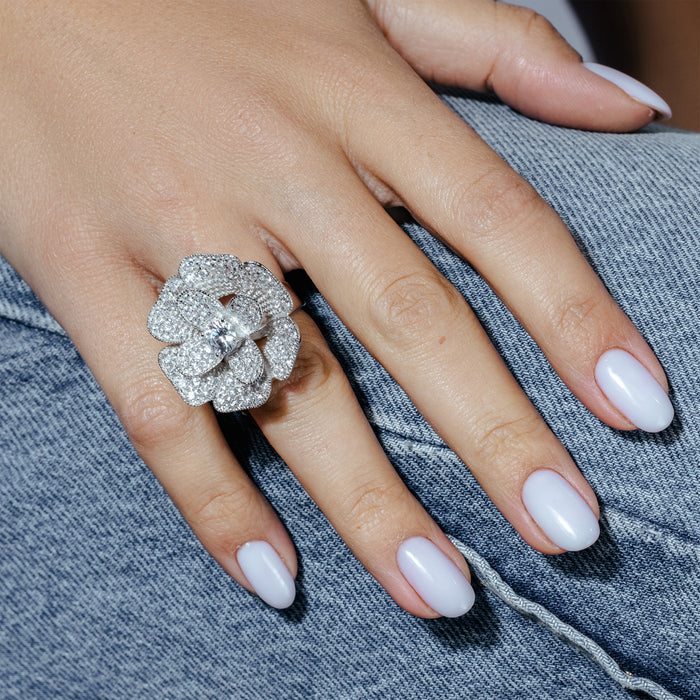 Clearance-Rhodium and Black Rhodium Plated Black or Clear CZ Pave Flower Ring - STR00521BLK
