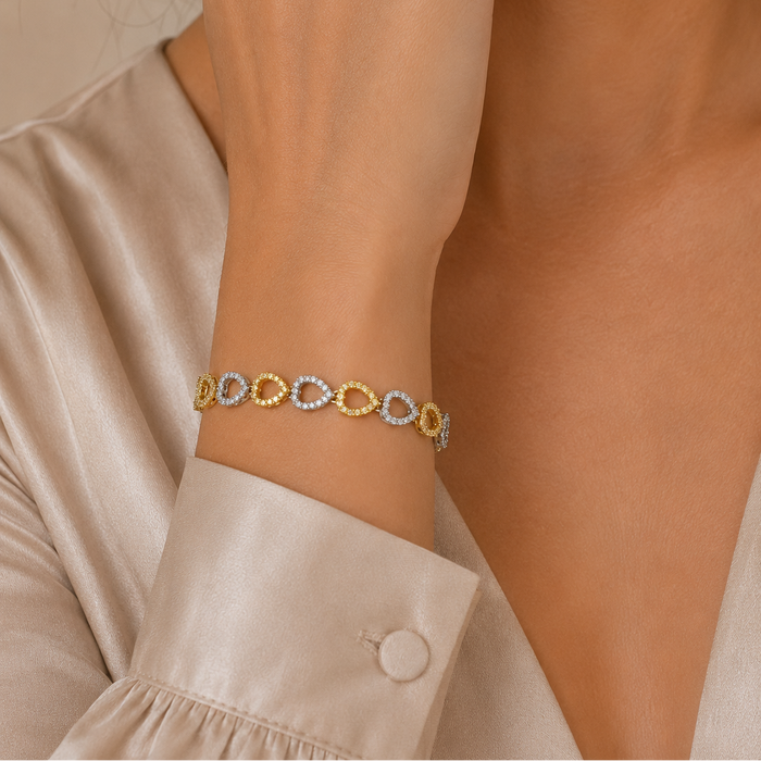 Clearance-Rhodium & Gold Plated 925 Silver CZ Tear Drop Bracelet- BGB00012
