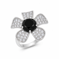 Clearance-Rhodium Plated 925 Silver Black Center & Clear CZ Flower Pave Ring - STR00490