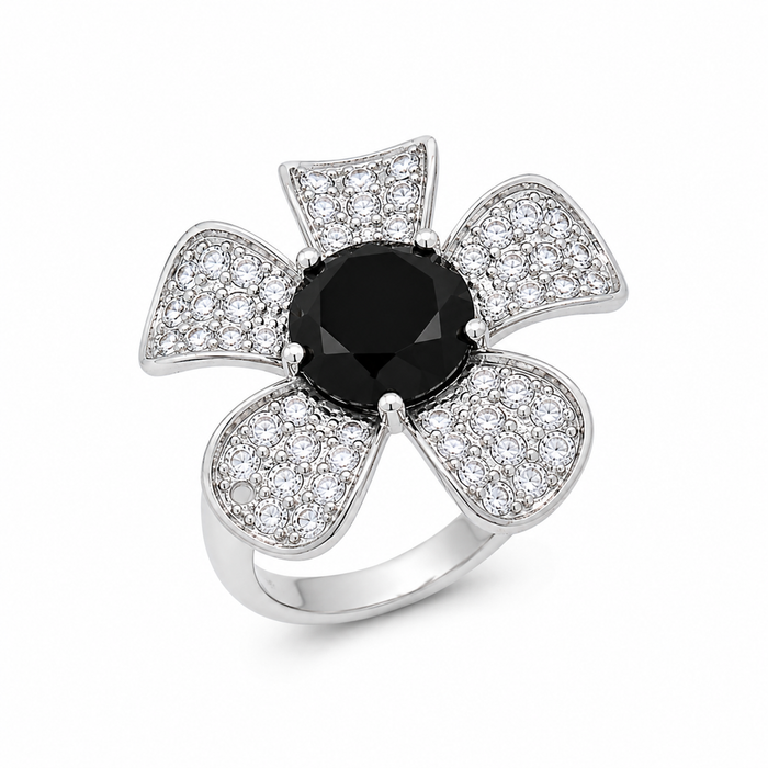 Clearance-Rhodium Plated 925 Silver Black Center & Clear CZ Flower Pave Ring - STR00490