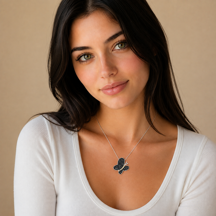 Clearance-Rhodium Plated 925 Silver Black CZ Butterfly Pendant Necklace - STP00955