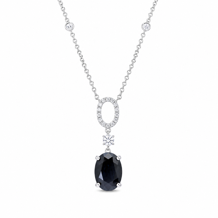 Clearance-Rhodium Plated 925 Silver Black Oval and Clear CZ Drop Pendant Necklace - BGN00022
