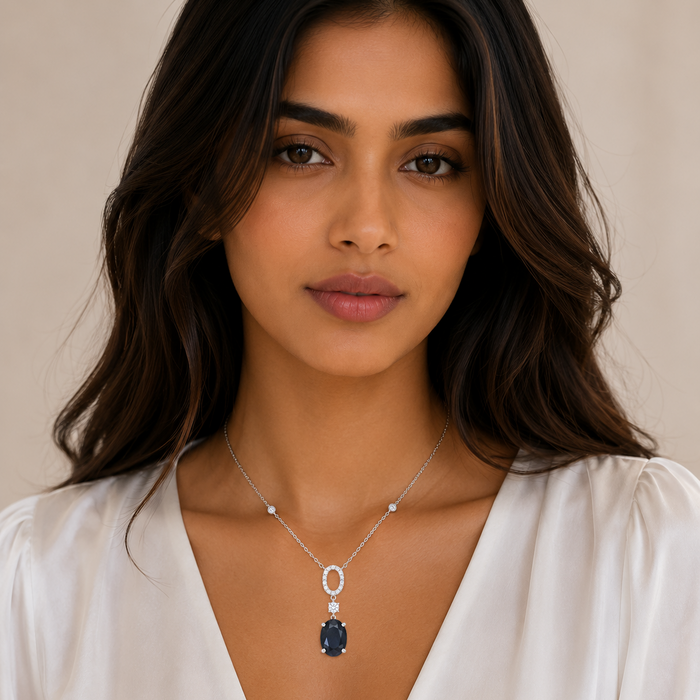 Clearance-Rhodium Plated 925 Silver Black Oval and Clear CZ Drop Pendant Necklace - BGN00022