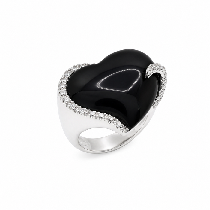 Clearance-Rhodium Plated 925 Silver Chunky Black Onyx & CZ Heart Ring - STR00436