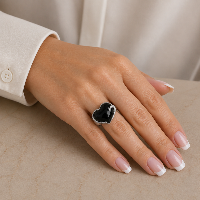 Clearance-Rhodium Plated 925 Silver Chunky Black Onyx & CZ Heart Ring - STR00436