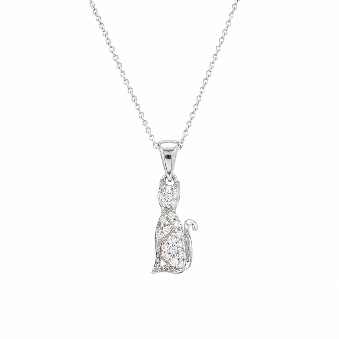 Clearance-Rhodium Plated 925 Silver Clear CZ Sitting Cat Pendant Necklace - STP00750