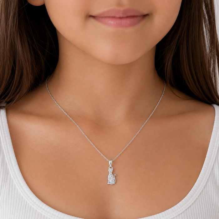 Clearance-Rhodium Plated 925 Silver Clear CZ Sitting Cat Pendant Necklace - STP00750