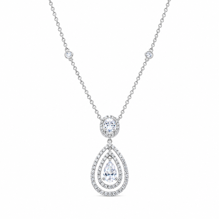 Clearance-Rhodium Plated 925 Silver Clear Teardrop and Round CZ Antique Pendant Necklace - BGN00023
