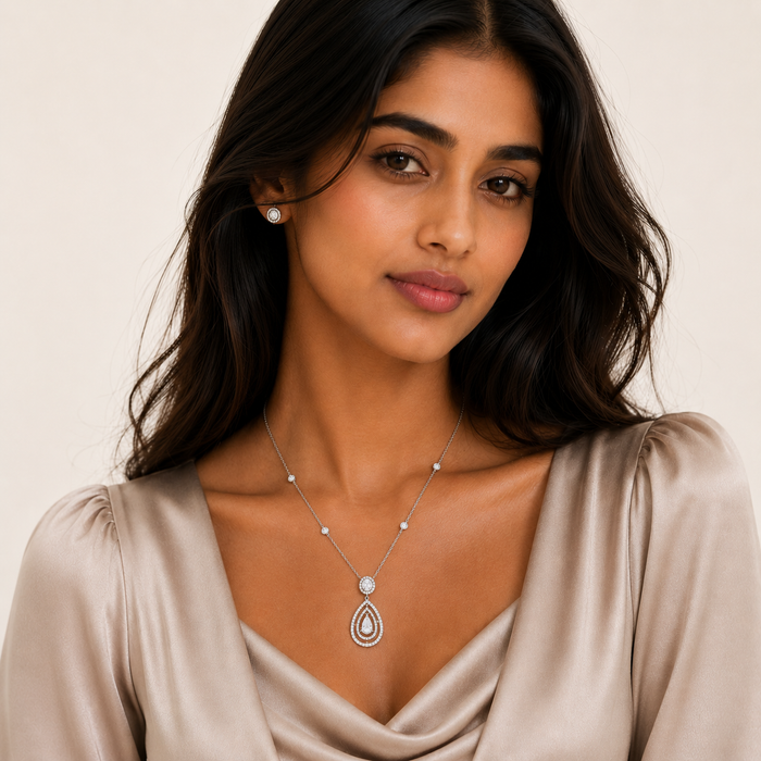 Clearance-Rhodium Plated 925 Silver Clear Teardrop and Round CZ Antique Pendant Necklace - BGN00023