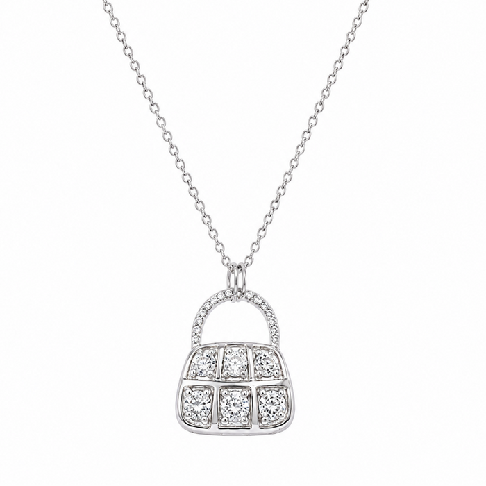 Clearance-Rhodium Plated 925 Silver CZ Purse Pendant Necklace - STP00146