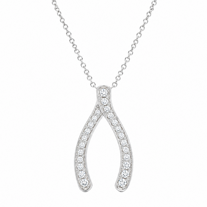 Clearance-Rhodium Plated 925 Silver CZ Wishbone Pendant Necklace - STP00204