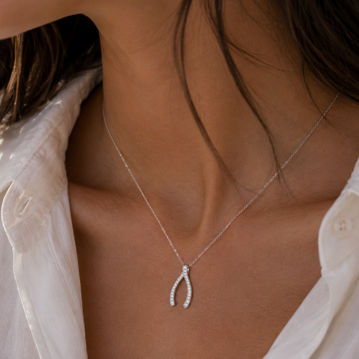 Clearance-Rhodium Plated 925 Silver CZ Wishbone Pendant Necklace - STP00204