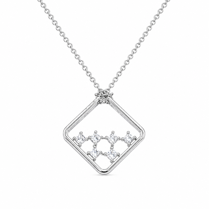 Clearance-Rhodium Plated 925 Silver Diamond Shaped Multi CZ Pendant Necklace - BGP00099