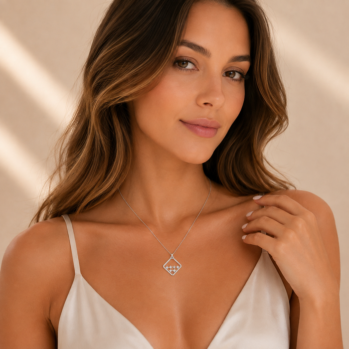 Clearance-Rhodium Plated 925 Silver Diamond Shaped Multi CZ Pendant Necklace - BGP00099