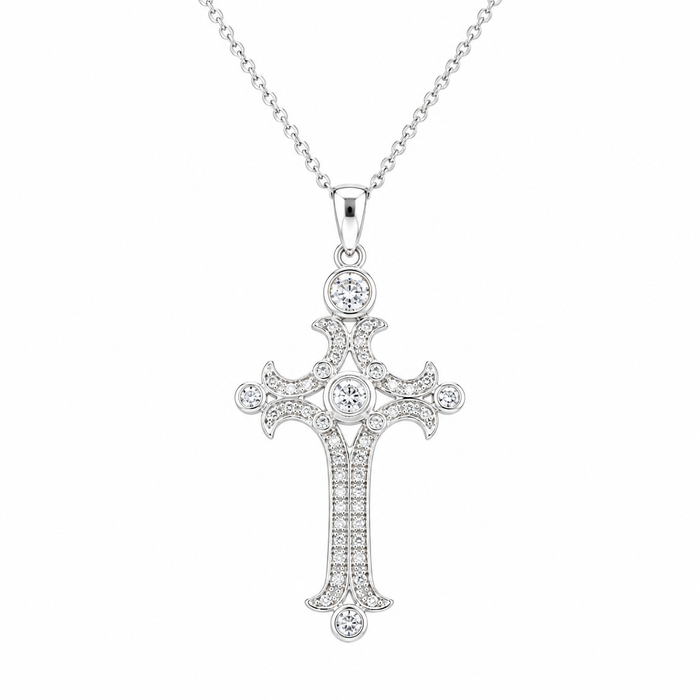 Clearance-Rhodium Plated 925 Silver Fancy Cross CZ Pendant Necklace - STP00111