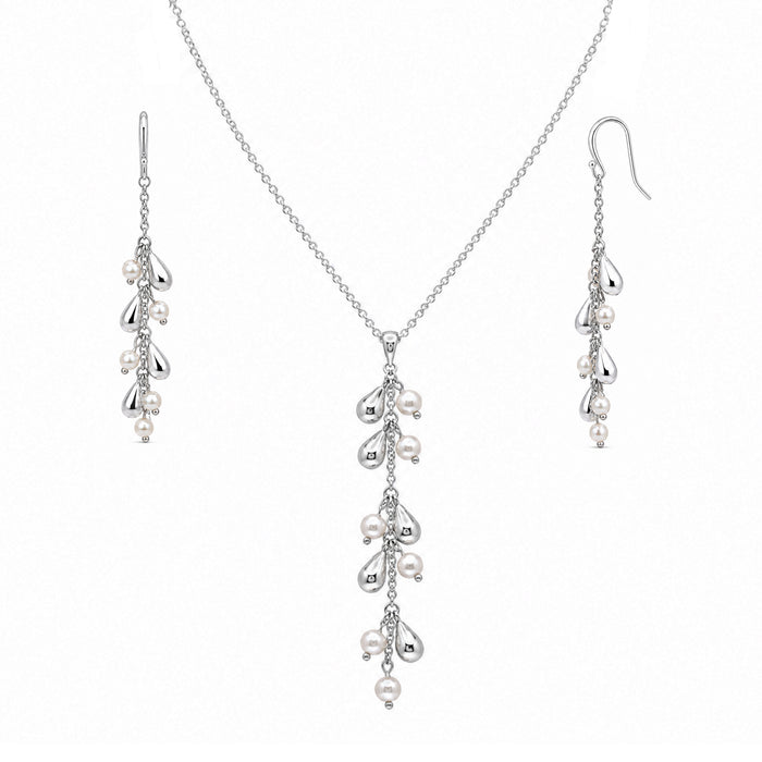 Clearance-Rhodium Plated 925 Silver Pearl & CZ Cluster Dangle Earring & Necklace Set - STS00142