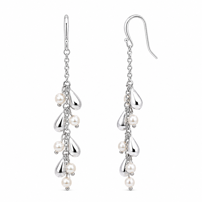 Clearance-Rhodium Plated 925 Silver Pearl & CZ Cluster Dangle Earring & Necklace Set - STS00142