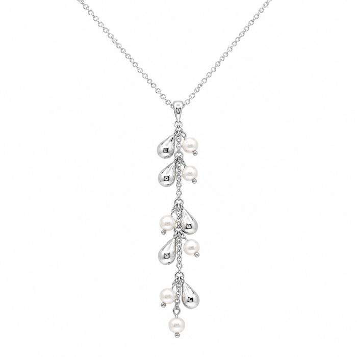 Clearance-Rhodium Plated 925 Silver Pearl & CZ Cluster Dangle Earring & Necklace Set - STS00142