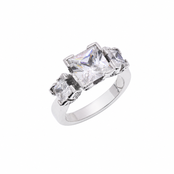 Clearance-Rhodium Plated 925 Silver Princess Cut CZ Past Present Future Bridal Ring - STR00201