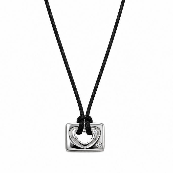 Clearance-Rhodium Plated 925 Silver Square Open Heart Clear CZ Black Cord Pendant Necklace - BGN00025