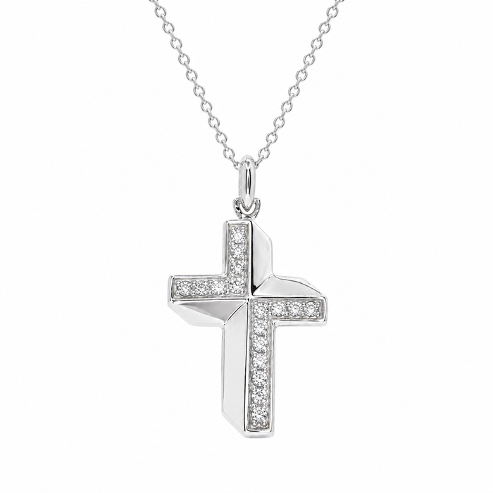 Clearance-Rhodium Plated 925 Sterling Silver Alternating CZ Cross Pendant Necklace - STP00132
