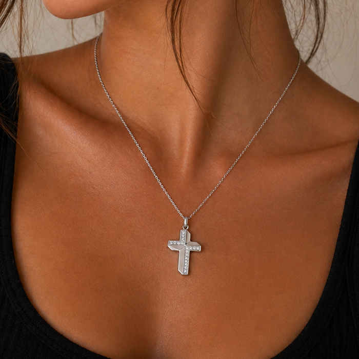 Clearance-Rhodium Plated 925 Sterling Silver Alternating CZ Cross Pendant Necklace - STP00132