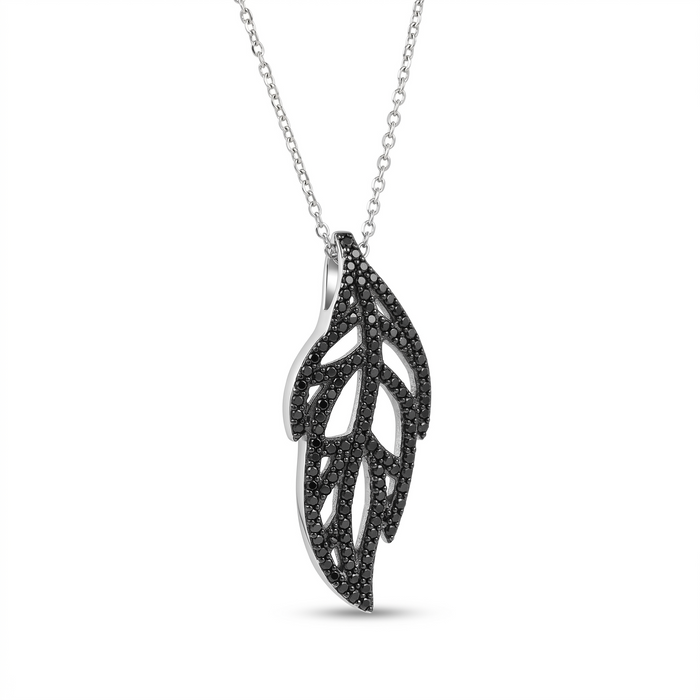Clearance-Rhodium Plated 925 Sterling Silver Black CZ Leaf Pendant Necklace - STP00611