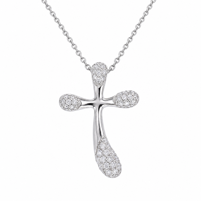 Clearance-Rhodium Plated 925 Sterling Silver Curved Cross Pendant Necklace - STP00826