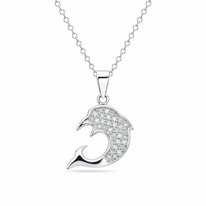 Clearance-Rhodium Plated 925 Sterling Silver CZ Dolphin Pendant Necklace - STP00741