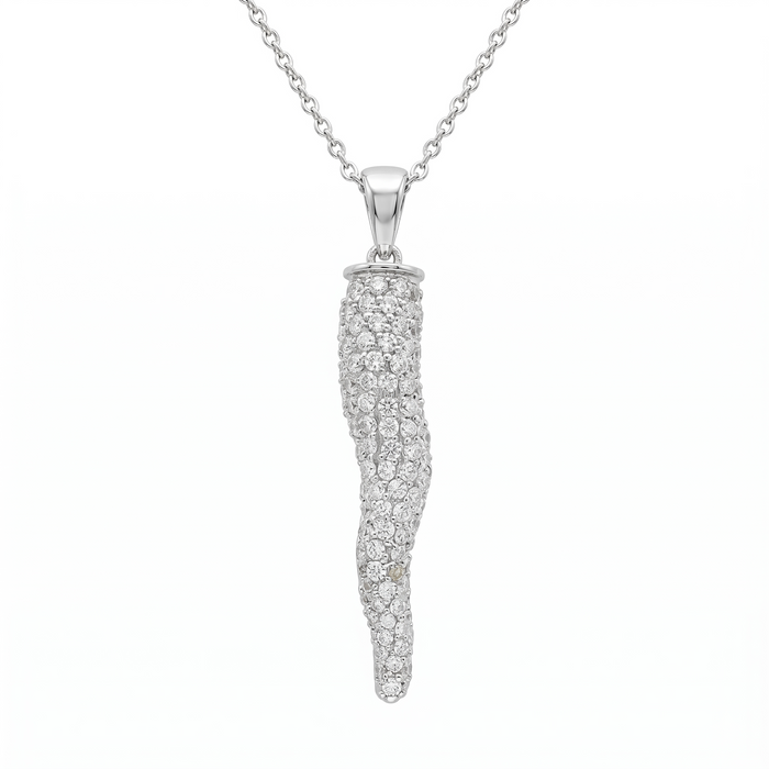 Clearance-Rhodium Plated 925 Sterling Silver CZ Italian Horn Pendant Necklace - STP00914