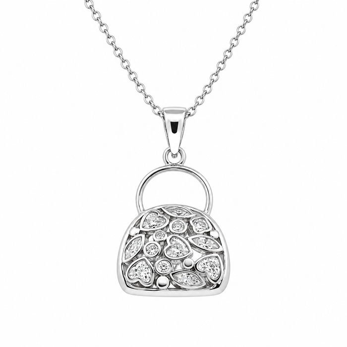 Clearance-Rhodium Plated 925 Sterling Silver CZ Purse Pendant Necklace - BGP00082