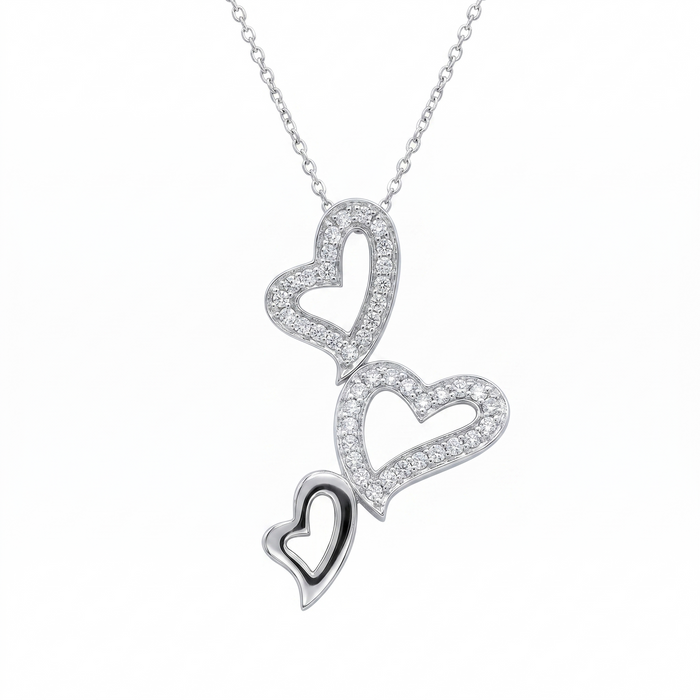 Clearance-Rhodium Plated 925 Sterling Silver Descending Triple Heart Pendant Necklace - STP00125