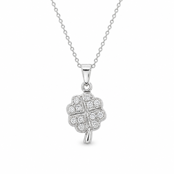 Clearance-Rhodium Plated 925 Sterling Silver Double Sided CZ Clover Pendant Necklace - STP00135