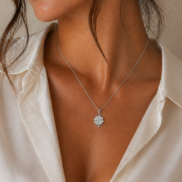 Clearance-Rhodium Plated 925 Sterling Silver Double Sided CZ Clover Pendant Necklace - STP00135