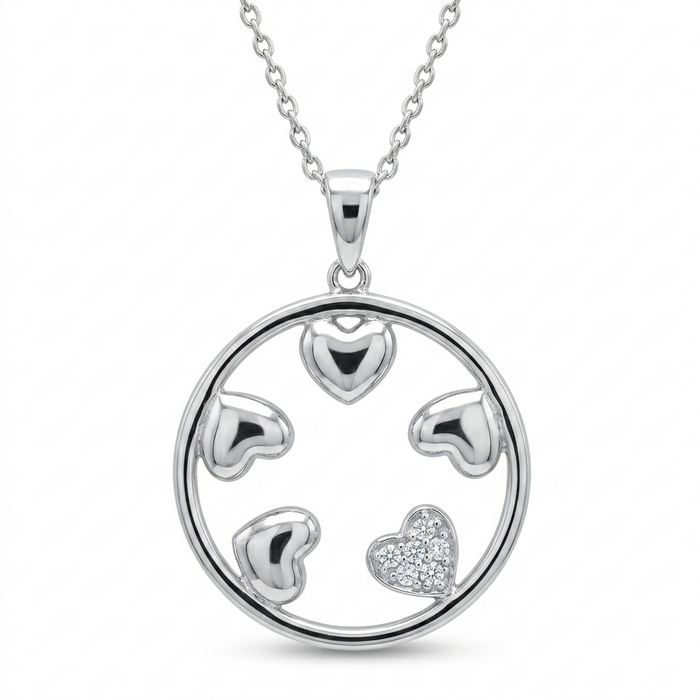 Clearance-Rhodium Plated 925 Sterling Silver Multi Heart in Circle Pendant Necklace - STP00958