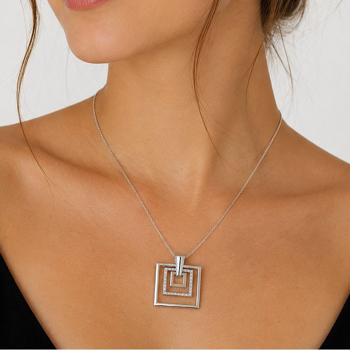 Clearance-Rhodium Plated 925 Sterling Silver Multi Square CZ Pendant Necklace - STP00082