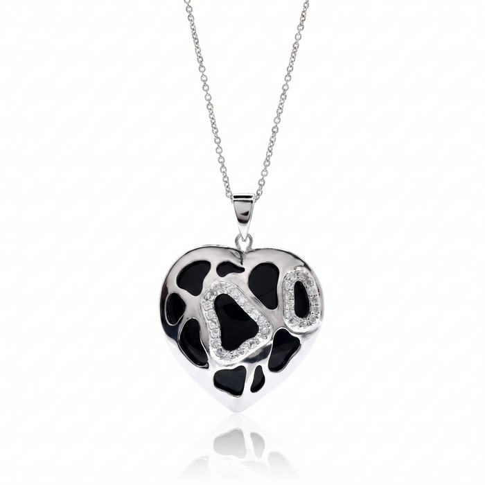 Clearance-Rhodium Plated 925 Sterling Silver Onyx & CZ Heart Pendant Necklace - STP00623