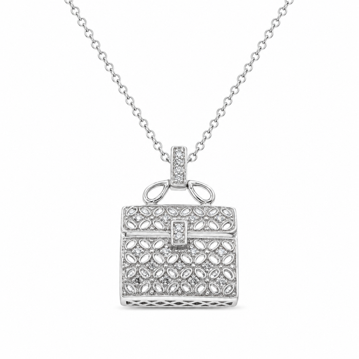 Clearance-Rhodium Plated 925 Sterling Silver Ornate CZ Purse Pendant Necklace - STP00007