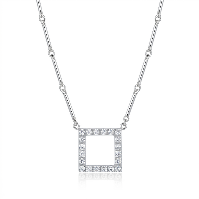 Clearance-Rhodium Plated Sterling Silver Open Square Necklace- STP00450