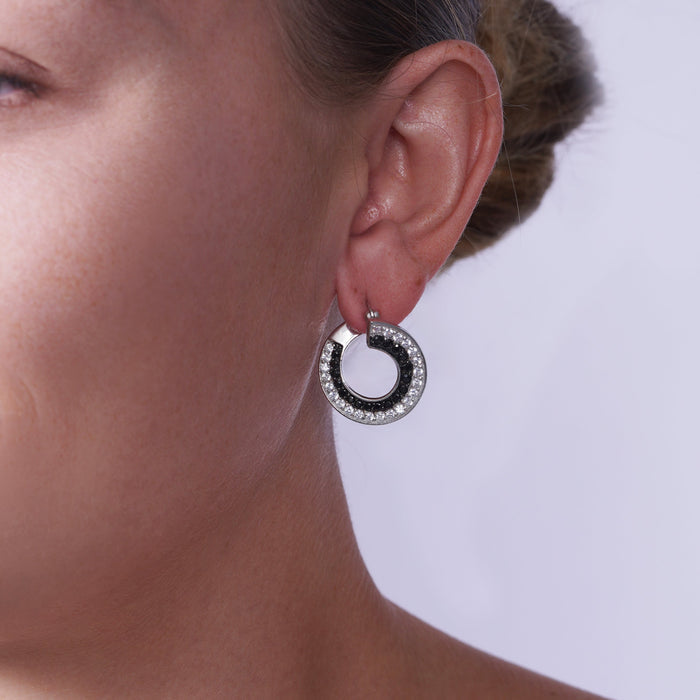 Clearance-Silver 925 Black and Silver Rhodium Plated Twirl Round Ramp CZ Hoop Earrings - STE00558