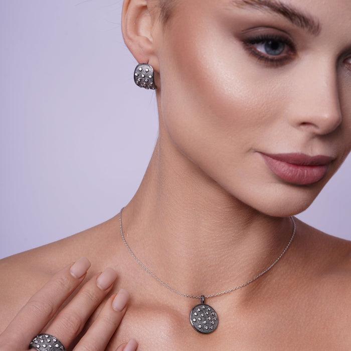 Clearance-Silver 925 Black Rhodium Plated Circle CZ Stud Earring and Necklace Set - STS00341