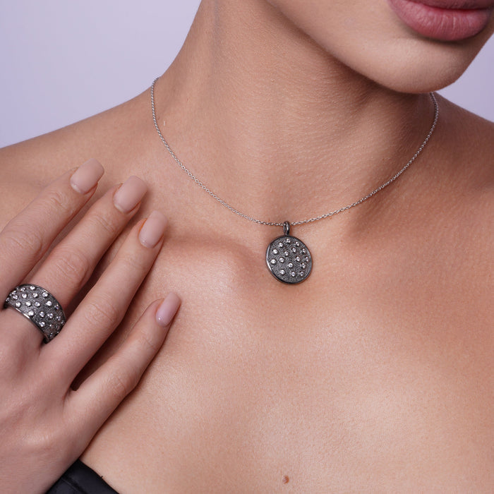 Clearance-Silver 925 Black Rhodium Plated Circle CZ Stud Earring and Necklace Set - STS00341